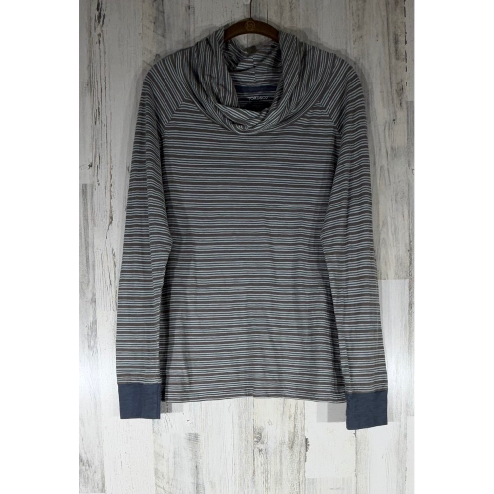 Toad&Co Striped Cowl Neck Pullover Large Brown Blue Organic Cotton Raglan Tee